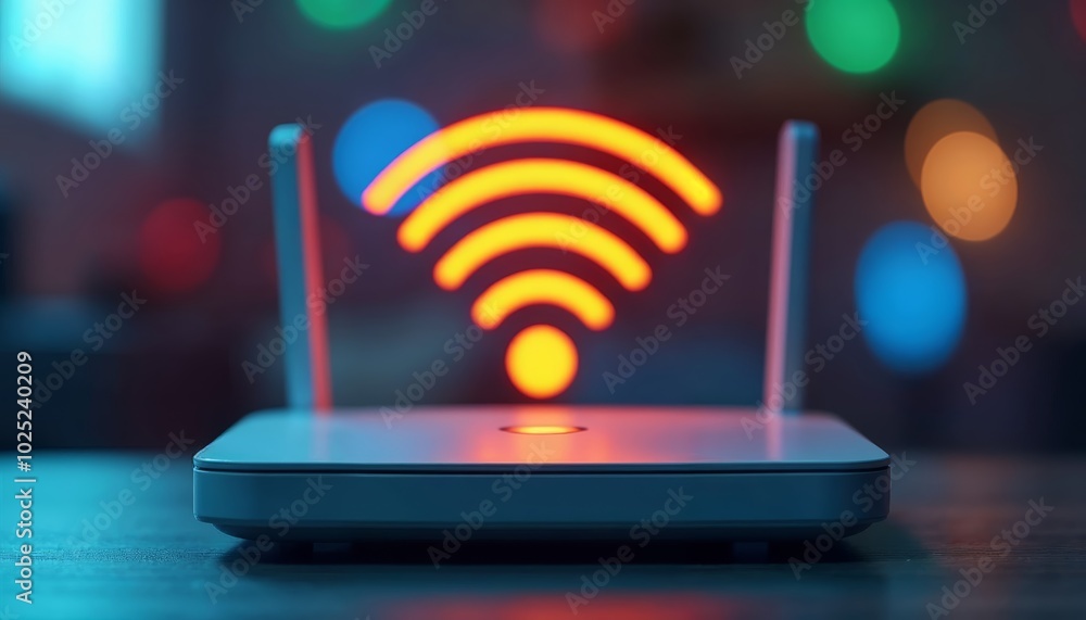Poster wireless router surrounded by colorful lights indicating strong internet connection
