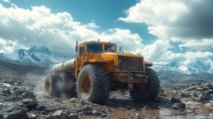 Obraz premium A yellow off-road truck drives through a rocky mountain pass, kicking up dust.