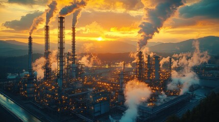 Industrial plant with smoke stacks emitting pollution into the air at sunset.