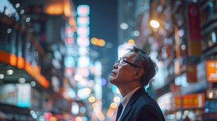 Fototapeta premium A business executive stands confidently in a modern cityscape, contemplating the future of his company. Copy space