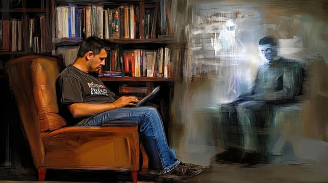 A man sits in a leather chair with a laptop in front of bookshelves. An image of a parallel reality or another world shines through the wall. The ghost of a man. Illustration for cover, card, etc.