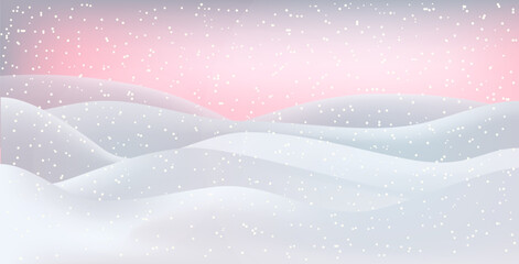 Winter landscape. Christmas card. Happy New Year card. A Christmas winter landscape with drifts of snow. 3D realistic snow background. Snow drifts isolated on hilly background. Christmas Vector illust