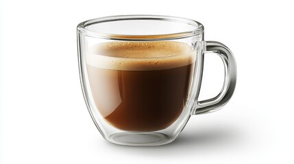 A clear glass mug filled with coffee, set against a white background