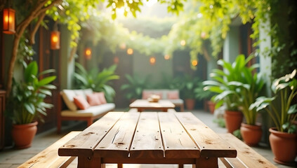 lush outdoor cafe with beaufitul view hanging plants soft focus background rustic wooden table in foreground for product placement
