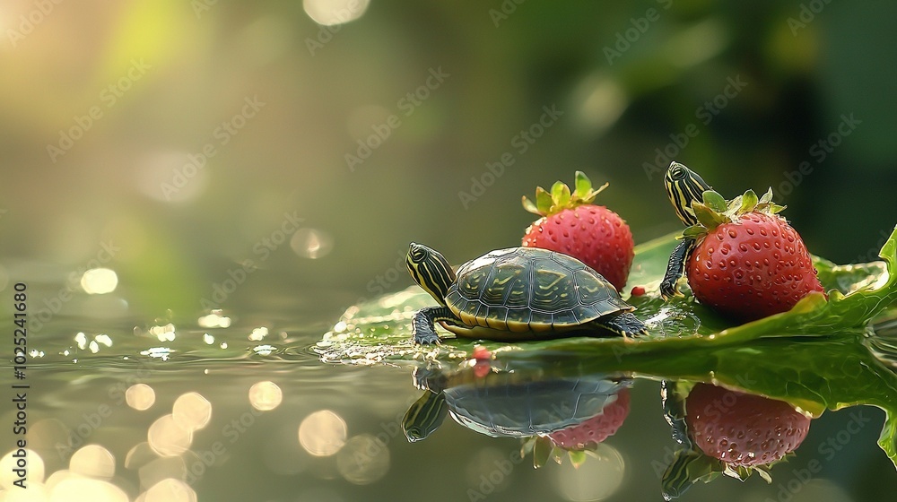 Sticker   Two turtles on a green leaf with strawberries beside them on a body of water