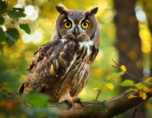 Fototapeta premium A majestic owl perched on a tree branch in a vibrant forest during autumn
