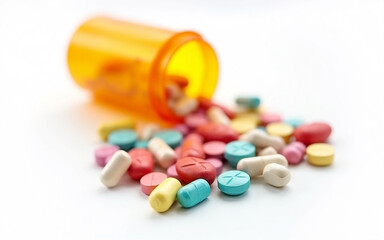 medicine capsules scattered on white surface pills spill from pharmacy bottles representing pharmaceutical industry and healthcare