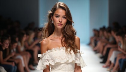 Fototapeta premium Fashionable Young Woman in Ruffled Off-the-Shoulder Dress on Runway Show