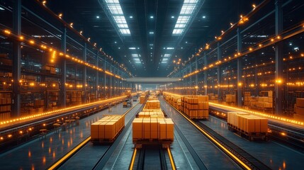 Obraz premium A modern warehouse interior with a conveyor belt system transporting boxes, featuring bright lighting and a sense of efficiency.