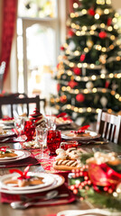 Christmas table setting with christmas tree in background, shallow depth of field. Greeting card template with copy space.