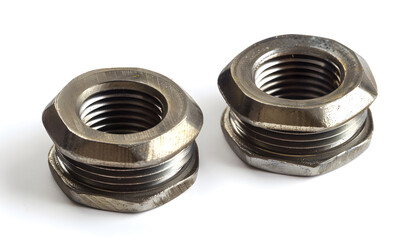 Two metal nyloc nuts on white background