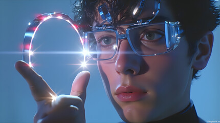  Young man with futuristic cyber glasses, under a modern ring lamp, peering through his fingers.