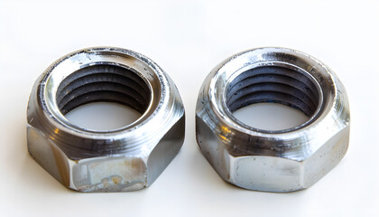 Two metal nyloc nuts on white background
