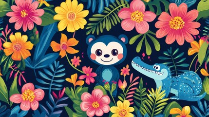 Fototapeta premium Adorable jungle scene with monkeys, sloths, and crocodiles among vibrant florals and foliage. Perfect for kids' textiles