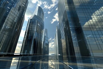 A city skyline with four tall buildings and a cloudy sky, generative ai image