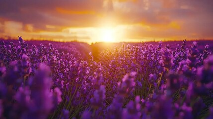 Obraz premium A field filled with vibrant purple blossoms bathed in a golden sun at noon