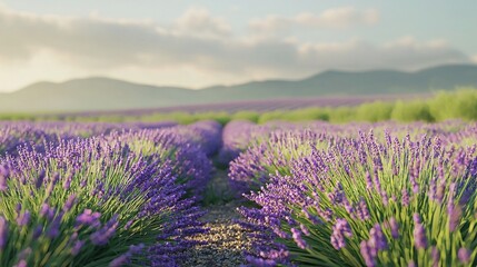 Obraz premium A field full of lavender flowers with mountains in the background and clouds in the foreground