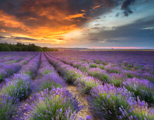 Fototapeta premium Lavender field at sunset with vibrant colors and a stunning sky near rural countryside