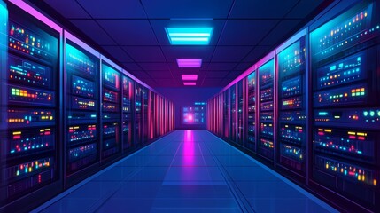 A long hallway with many computer monitors lit up in orange