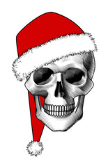 Human skull in Santa red hat. Vintage engraving stylized drawing. Vector illustration