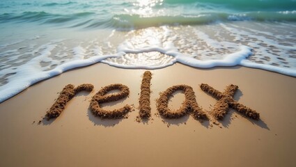 Tranquil Relax message in sandy beach by serene ocean waves
