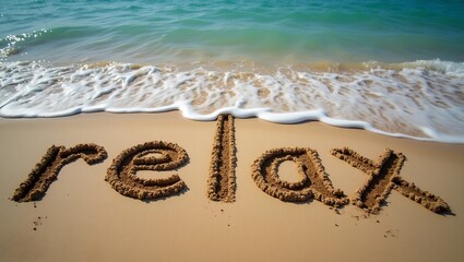 Tranquil Relax message in sandy beach by serene ocean waves
