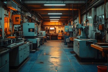 An industrial workshop with rows of machinery, lit by fluorescent lights.