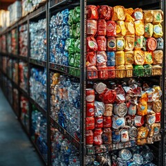 Fototapeta premium A grocery store aisle stocked with rows of canned goods and bottled water.