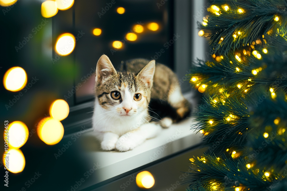 Wall mural cute cat is lying on the windowsill among the christmas tree with christmas lights