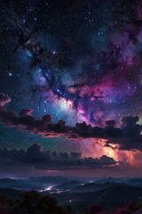 Fototapeta premium Starry sky over mountains and lightning storm, cosmic scene with dramatic clouds