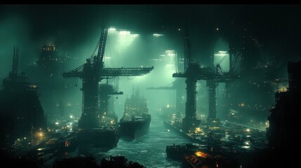 A futuristic cityscape with large cranes and ships in a foggy harbor.