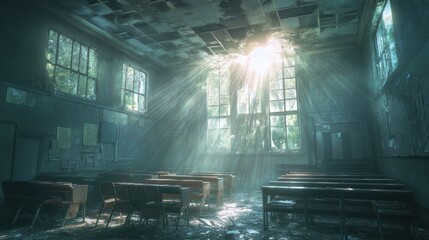 Sunbeams Illuminate an Abandoned Classroom with Broken Windows and Desks