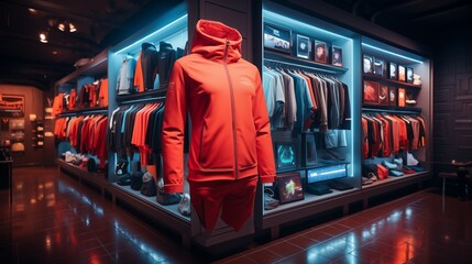A Trendy sports clothes apparel collection showcased in a store with sports background . 
