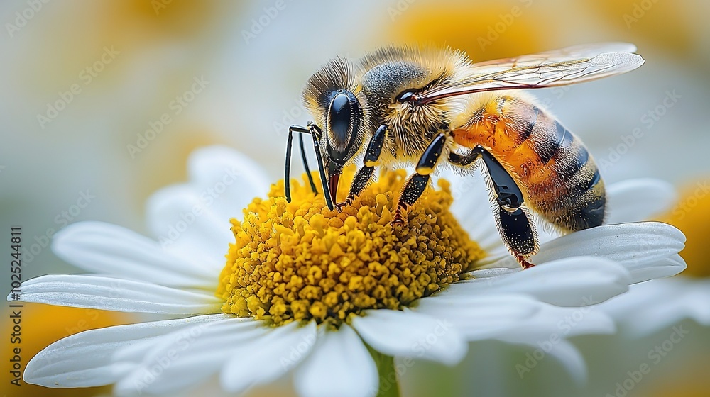 Poster   A macro shot of a bee hovering over a vibrant bloom surrounded by white and yellow flora