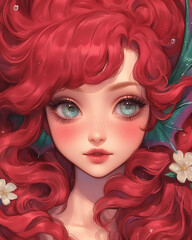 Naklejka premium A Beautiful Mermaid with Red Flowing Hair and Cute White Flowers