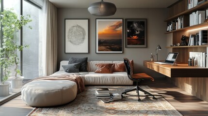 A modern living room with a large sectional sofa, a desk, a bookshelf, a rug, and a window with a view of a city.