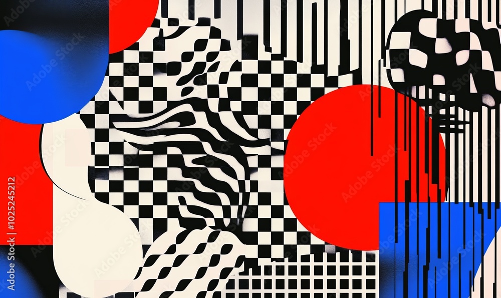 Poster brutalist geometric shapes, modern symbols. groovy checkered pattern, distorted tiled grid. simple e