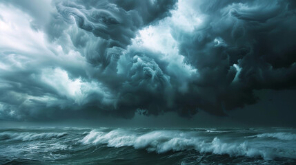  Intense storm over the ocean with dark clouds.