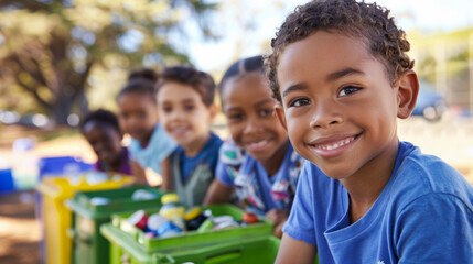 Young children actively participating in a community recycling program on a sunny day outdoors
