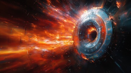 Abstract digital art with a swirling metallic ring and fiery red background.