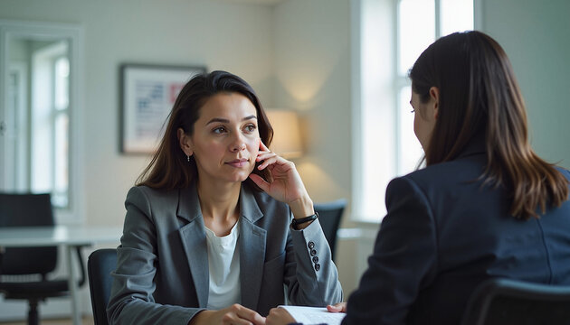 Two businesswomen engaged in serious conversation during professional meeting in modern office