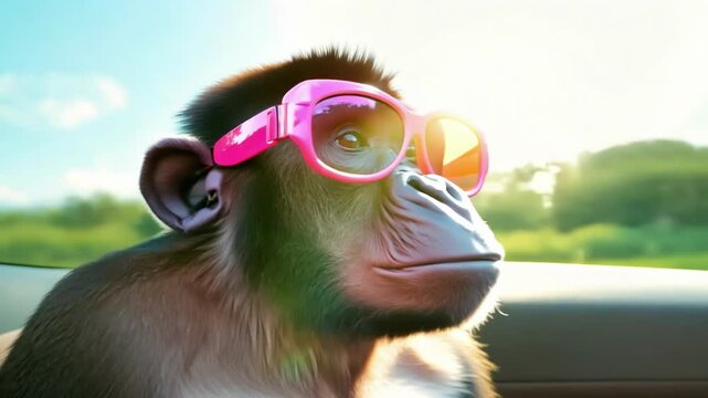 A playful monkey wearing bright sunglasses. The close-up image captures the expression and vibrant colors of the animal's face, highlighting a fun and quirky personality.