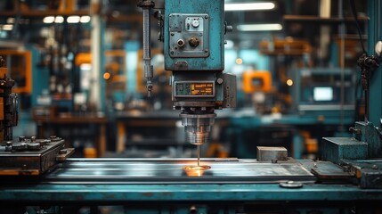 A close-up of a drill press in a factory, with the drill bit spinning and sparks flying from the metal being drilled.