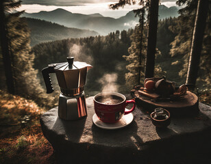 Morning coffee brewed outdoors in a scenic forest with mountains in the distance