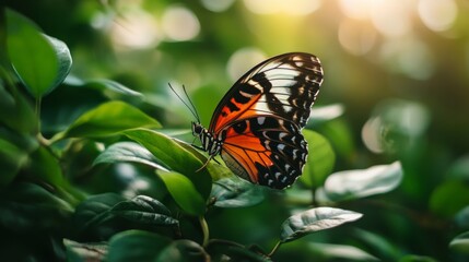 Obraz premium Orange and black butterfly resting on green leaves