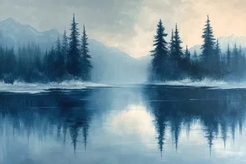 A tranquil oil painting depicting a misty, serene lake with a reflection of pine trees and distant mountains.