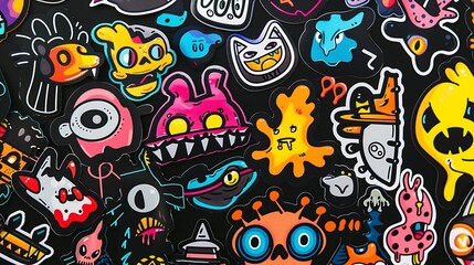 Naklejka premium A collection of unique stickers on a solid black background