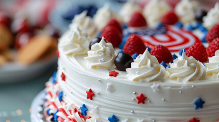 Celebrate Labor Day with a festive cake adorned in red, white, and blue, featuring berries and stars at a summertime gathering