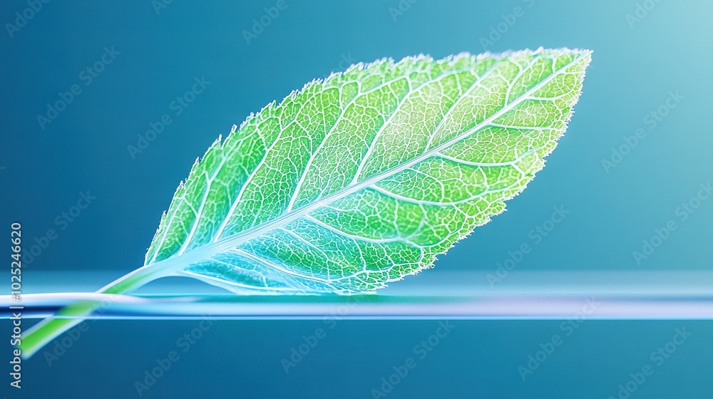 Canvas Prints   A close-up of a green leaf on a blue surface, with water in the foreground and a blue sky in the background