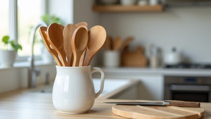 Modern kitchen counter with organized wooden utensils and knife on cutting board